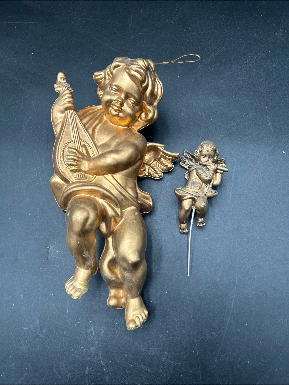 Gold Angel Cherub Pair Holiday Wall Ornament and pick